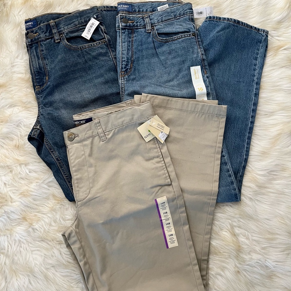 Old Navy & Cherokee Kids Bottoms Pack - Khaki Chinos and Blue Jeans